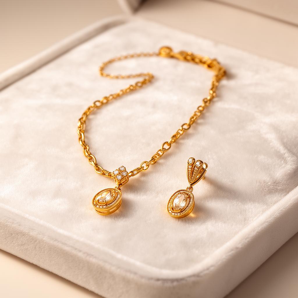 Gold jewelry set on velvet presentation
